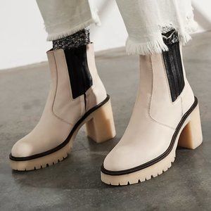 White Leather Free People James Chelsea Heeled Boots in Bone